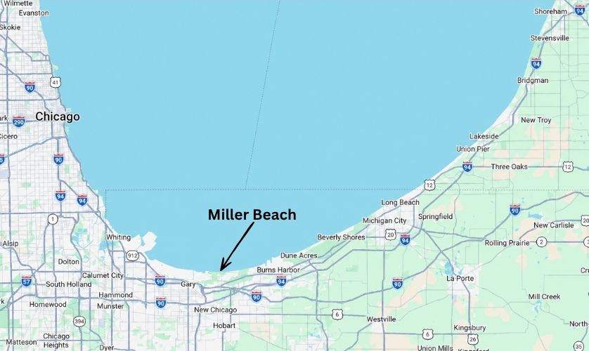 Map showing Miller Beach and Marquette Park at the southern tip of Lake Michigan